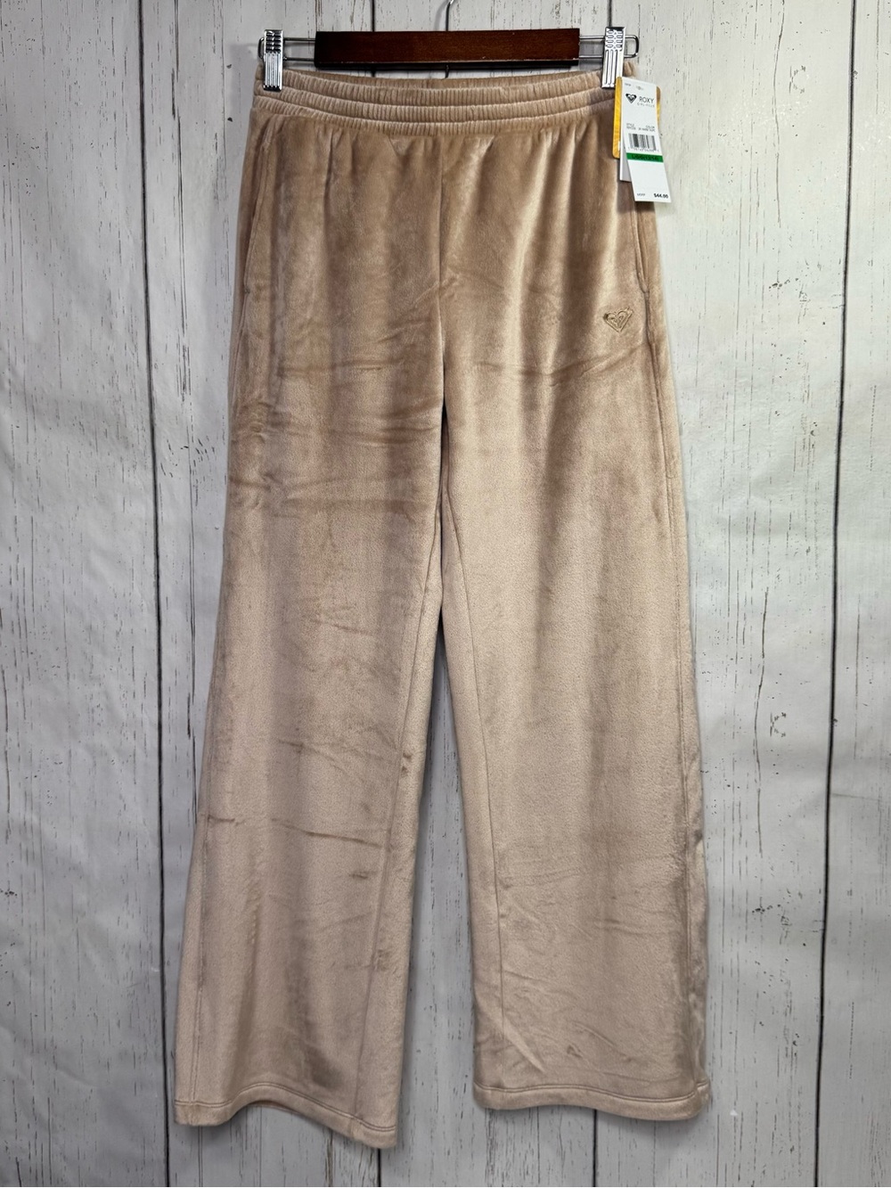 Roxy Girls Beige Velour Pants Size L Cozy Y2K Lounge Embroidered Pockets NWT